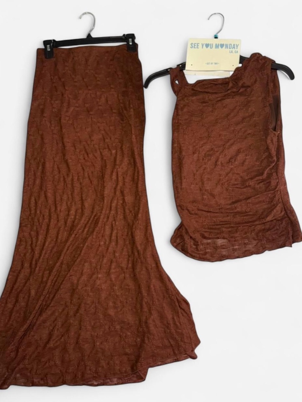 See You Monday Brown Lace Two Piece Top +  Maxi Skirt Set - Size L - New - Y2K